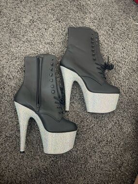 Pleaser Black Lace-Up Platform Ankle Boots with Crystal-Embellished Heel